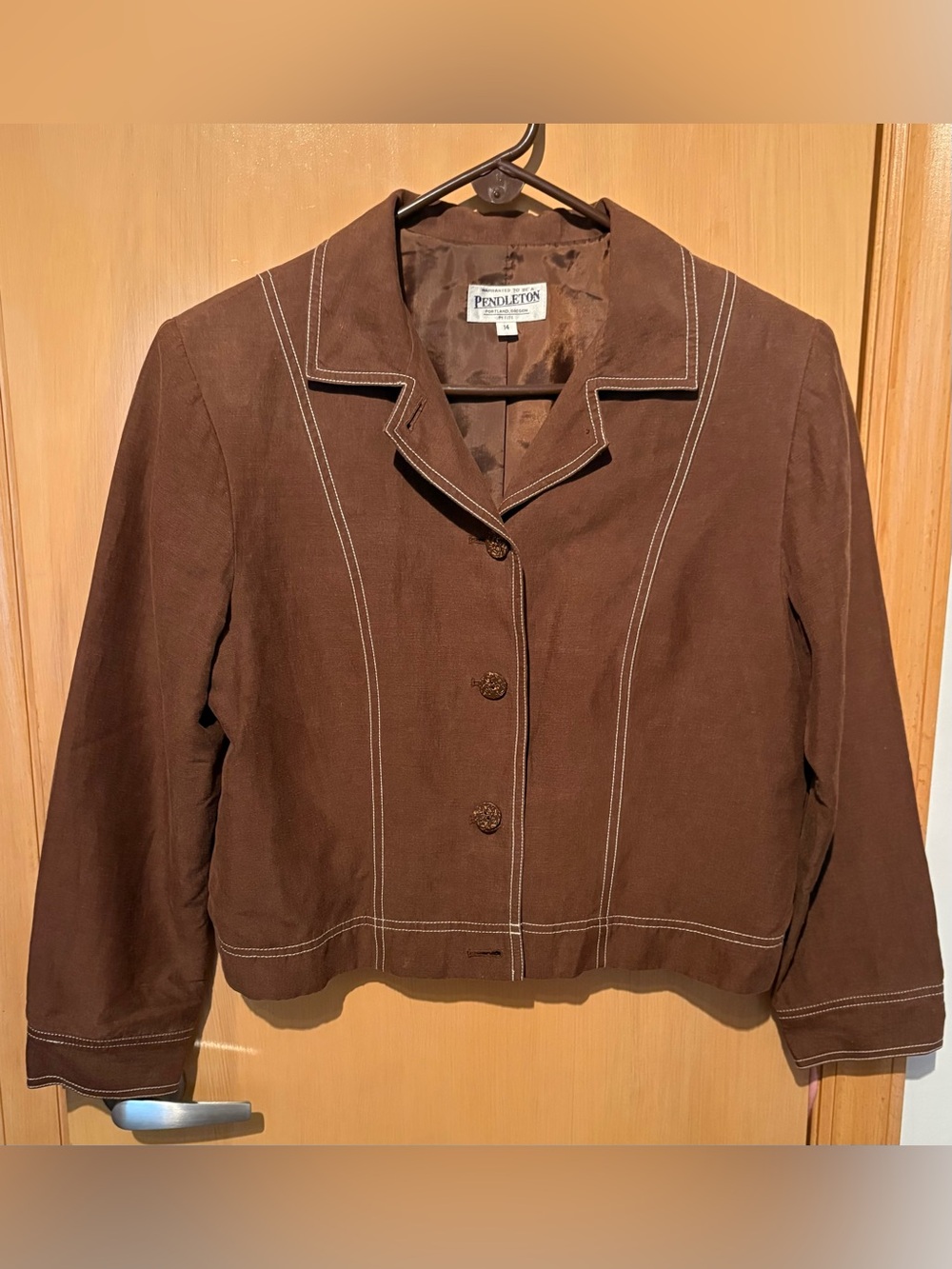 Pendleton Women’s Silk Linen Jacket Size 14P Brown Button Front Lined Vintage